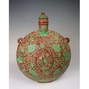 Porcelain Red&Green Coloring Porcelain Flat Moon Vase, Chinese Antique 