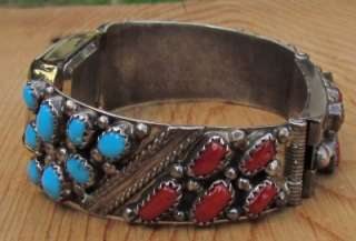 VINTAGE W NEZ NAVAJO INDIAN STERLING SILVER TURQUOISE CORAL WATCH LINK 