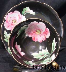 Echo Occupied Japan Teacup and Saucer Black Pink Floral damaged  