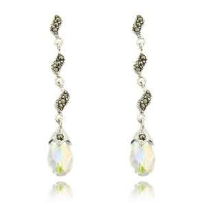   Sterling Silver Long Marcasite White Stone Drop Earrings: Jewelry