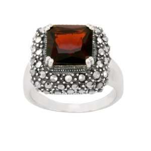  Sterling Silver Marcasite Garnet Color Glass Ring, Size 9 