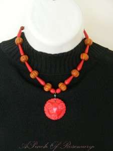 Carved Stone, Red Jasper & Wood Pendant Necklace New  