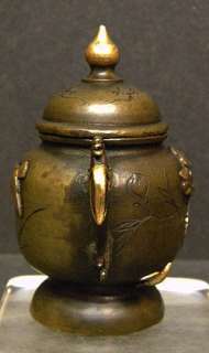 Japanese multi metal Bronze lidded Jar w/handles  