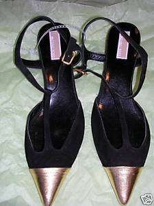 Michael Kors Black Suede T Strap Gold Toe Shoes 7.5M  