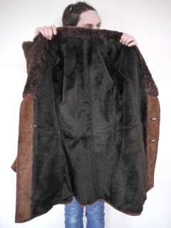 Vtg 70s Chocolate Suede Shearling Sheepskin Lambskin Collar Coat 