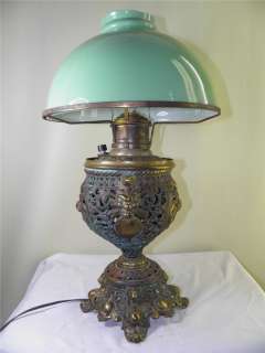 ANTIQUE VICTORIAN ORNATE BRONZE FIGURAL LION OIL LAMP GREEN CASED 