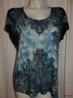   ~CHICOS Blue Scoop Neck Short Sleeve Blouse Top Size 2 L Large  