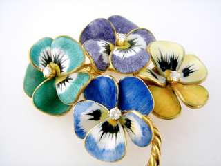 Vintage 14K Enamel Enameled Diamond Pansy Bouquet Brooch, c. 1940s 