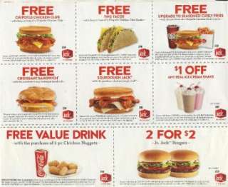 Lot 8 JACK IN THE BOX Coupons Value DEALS 7/1/2012  