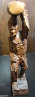 CARVED WOOD MAN CARRYING BARREL ON HEAD  