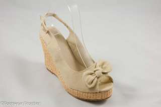 Women Beige Weave Wedge High Heel Peep Toe Bow Sandals  