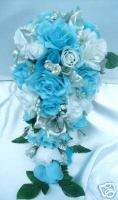 21pc Bridal bouquet wedding flower TURQUOISE/SILVER  