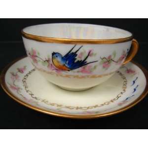  German Haindpainted Blue Bird Coffee Cup and Saucer 
