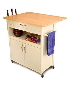 White Base Kitchen Cart with Natural Top  Overstock