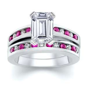  2.92 ct Emerald Diamond with Round Pink Sapphire Ring Set 