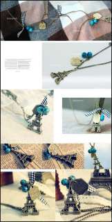   Retro Vintage Eiffel Tower Blue Beads Pendant Chain Necklace  
