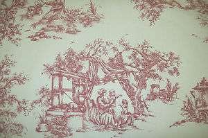 french country toile red / pink and chalk white designer curtain 