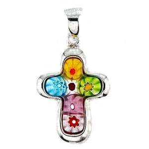   , Multi Color Millefiori Murano Glass Cross Pendant (Nickel Free