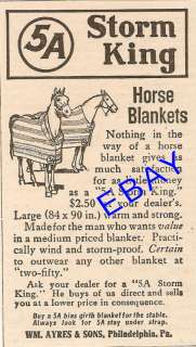 1909 AYERS 5A STORM KING HORSE BLANKET AD SADDLE TACK  