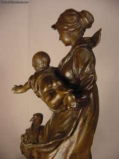 Antique Bronze Sculpture Lady Baby & Large Turkey  