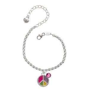   Multicolored Peace Sign Silver Plated Brass Charm Bracelet with Rose