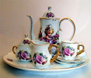 Miniature Tea Set 10 Piece Porcelain Angel Cherub Pattern MIB  