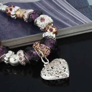 Purple murano glass beads crystal heart charm European silver plated 