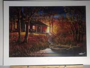 Jim Hansel Dawns Early Light S/N Cabin/Boat Lake Print  