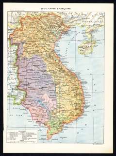Antique Map Print ASIA FRENCH INDOCHINA VIETNAM CAMBODIA LAOS ART 