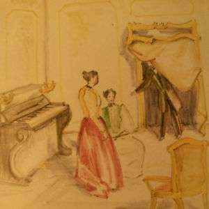 Pattarino Signed Framed Tile Piano Parlor Scene  