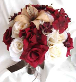 Wedding Bouquet Bridal Silk flowers BURGANDY CREAM BEIGE LILY BROWN 