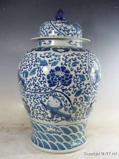 PAIR CHINESE BLUE WHITE PORCELAIN TEMPLE JAR 22 H  