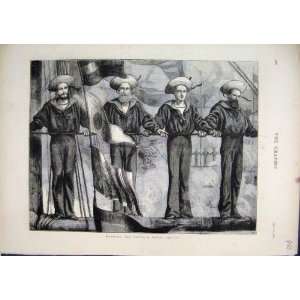  1873 Men Manning Yards Royal Salute Sailors Ship Print 