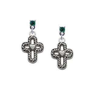  Cross with Rope Border and Heart Emerald Swarovski Post 