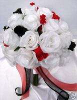 21pc Bridal ROUND bouquet wedding flowers WHITE BLACK RED pew bow 