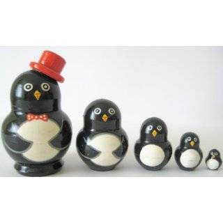 Authentic Russian Hand Painted Handmade Penguins Nesting Dolls Set of 