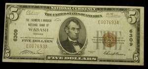 1929 TYPE 1 $5 CH.6309 WABASH, INDIANA  26 KNOWN  KELLYS $175 ID#Y383 