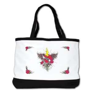 Shoulder Bag Purse (2 Sided) Black Love Flaming Heart with Angel Wings