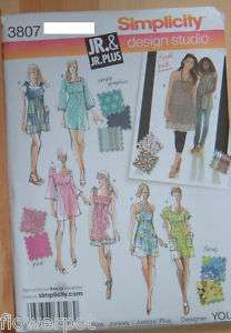 Jr+ S Pattern 3807 UNCUT Mini Dress Tunics 15/16 25/26  