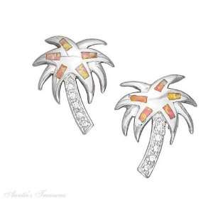 Sterling Silver Palm Tree Post Earrings Pave Trunk Imitation Pink Opal 