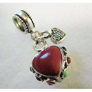   , Red Heart, Multi Stone Border. European Charm Bead 