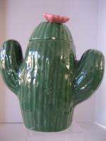   Craft Ceramic Green Cactus with Pink Cactus Flower Cookie Jar PreOwned