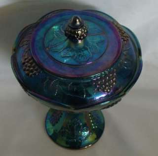 Indiana Blue Harvest Carnival Glass Covered Candy Dish Grape  