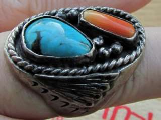 MENS OLD PAWN VINTAGE WESTERN STERLING SILVER TURQUOISE CORAL RING 8 1 