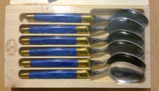 Laguiole Jean Dubost 6 PC Dinner Spoon Set Marble Blue Handle New in 