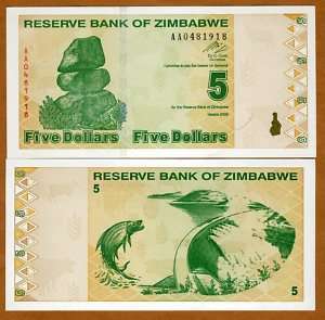 Zimbabwe, $5, 2009, P 93, AA prefix, UNC  