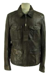 NWT Gucci Brown Leather Mens Zipper Jacket Sz 52 Coat Flap Pockets 