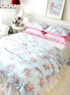 Shabby princess chic country pink blue rose floral duvet cover 