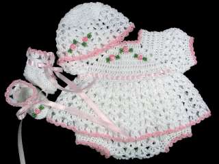 hand crocheted dress set dress diaper cover hat and booties is made 