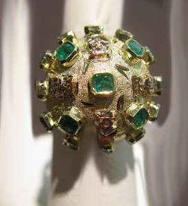 UNUSUAL ESTATE DOME RING DOTTED W FACETED EMERALDS 18K  